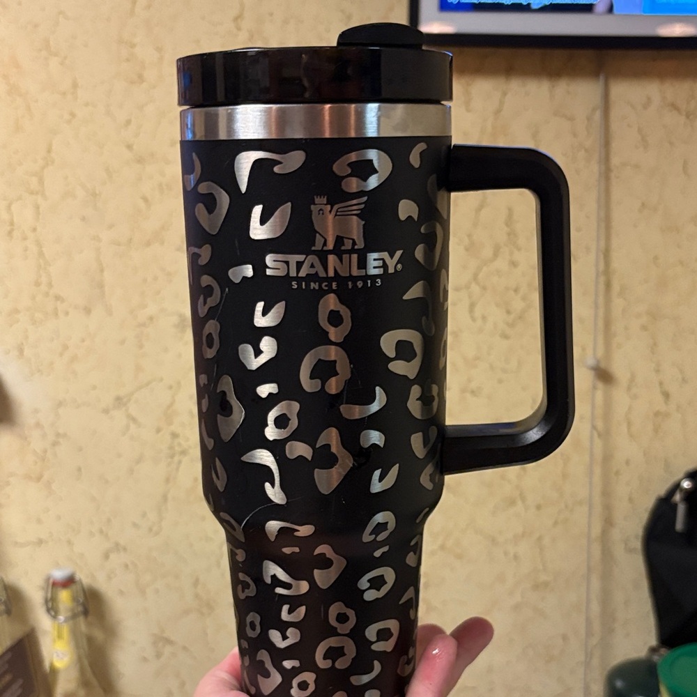 Stanley Black and Silver Leopard Print Mug, no straw, few light scratches